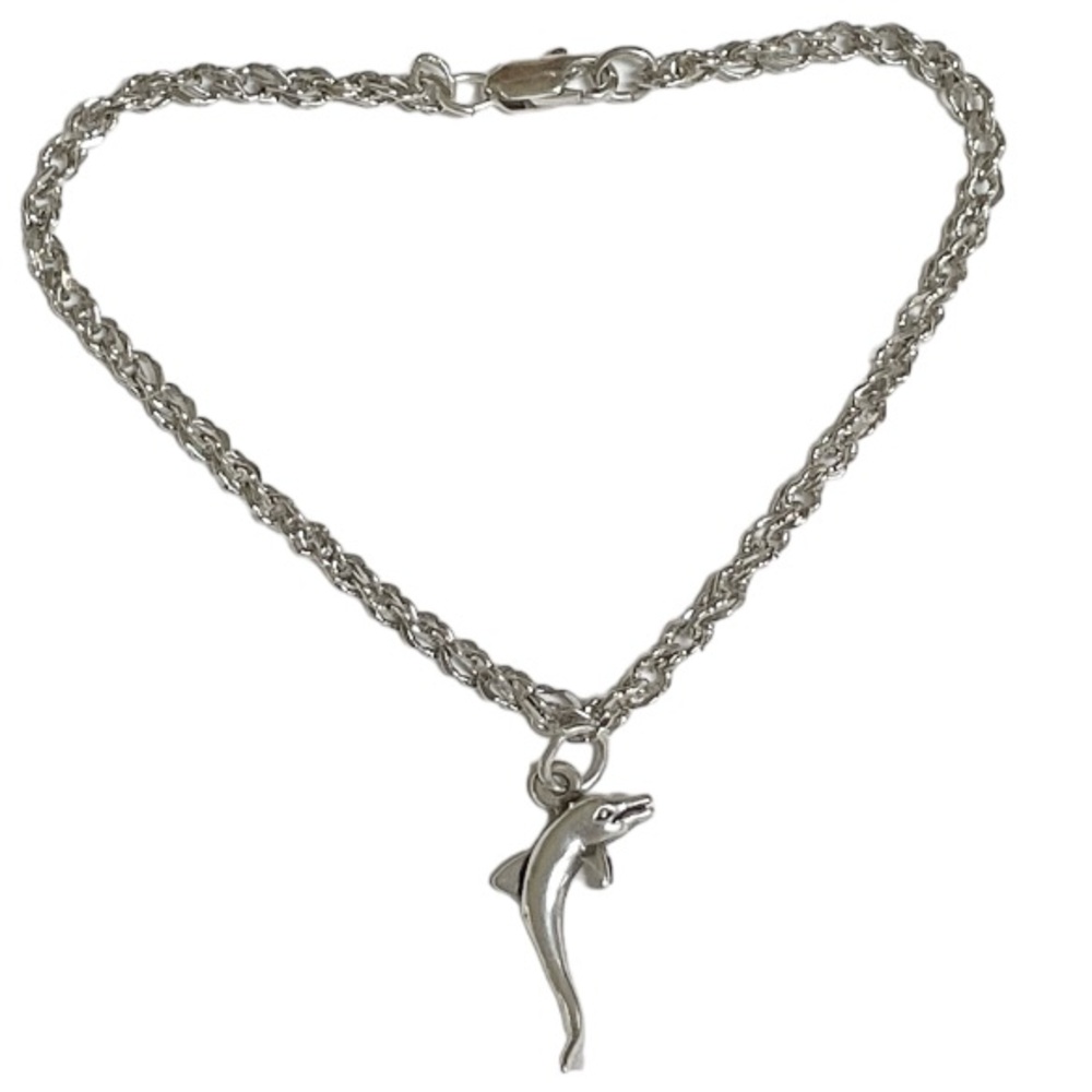 Vintage silver dolphin pendant 7.5” charm bracelet